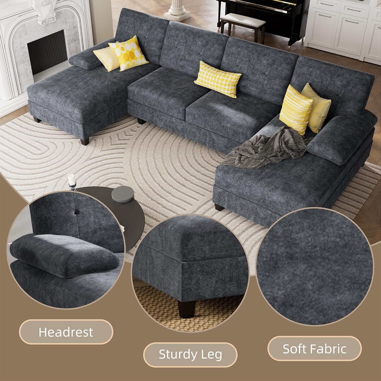Shintenchi U-Shaped Sectional Couches for Living Room, 4 Seat Sofa with Double Chaise Lounges,Solid Wood Frame Sectional Sofa for Apartment