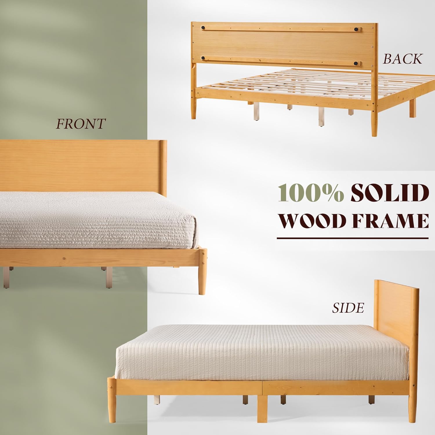 AMERLIFE Solid Wood King Size Bed Frame, Mid Century Modern Platform Bed with Full Panel Headboard, Noise-Free & Cylindrical Legs, No Box Spring Needed, Under-Bed Storage, Natural Wood