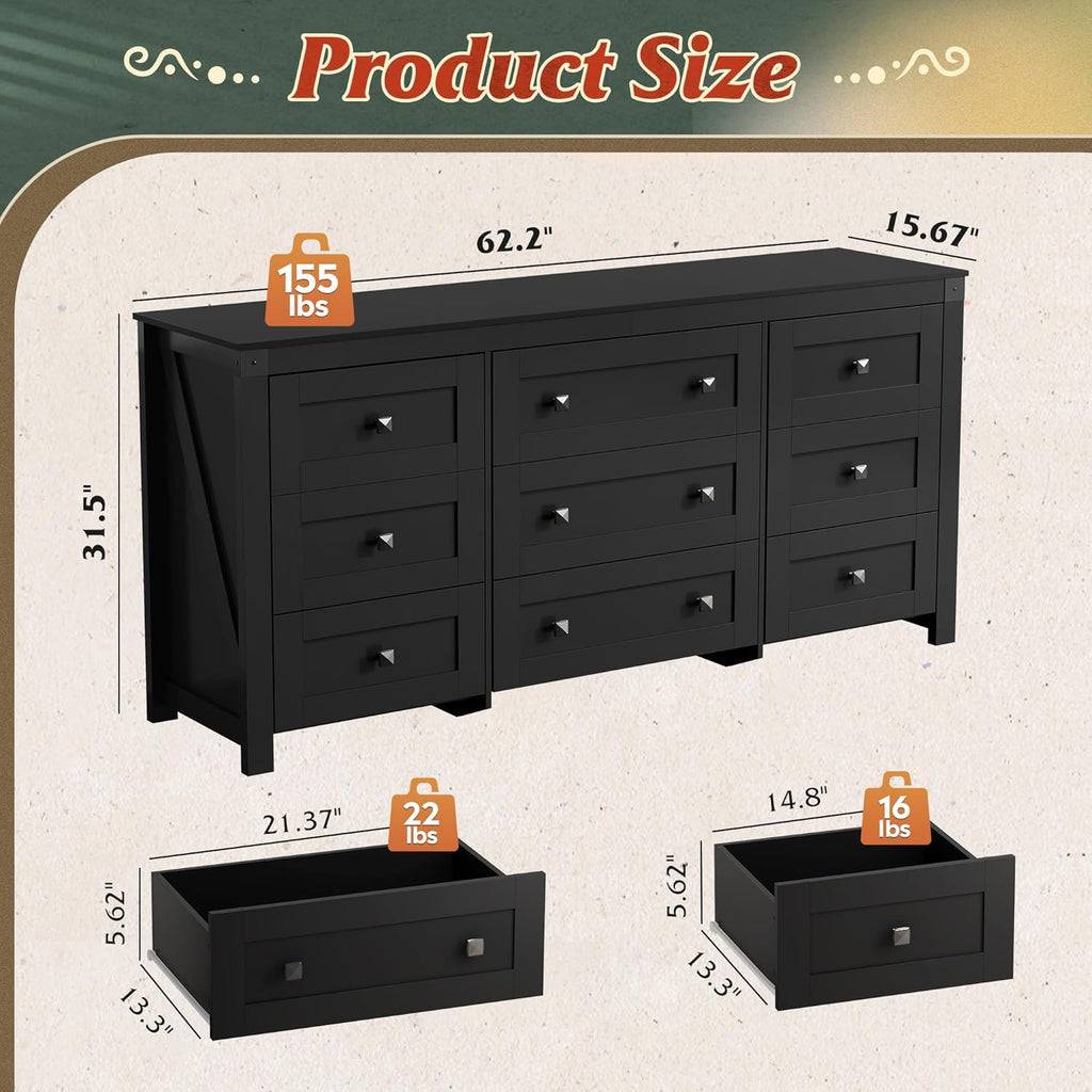 WLIVE Farmhouse Dresser for Bedroom, 63" Wide 9 Drawer Dresser Storage Organizer, Wood Chest of Drawers for Bedroom, TV Stand for 70 inch TV, for Living Room, Hallway, Ball Bearing Slide (Black)