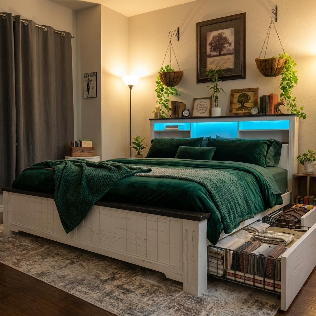 EnHomee King Bed Frame and Headboard, King Size Bed Frame with 4 Storage Drawers, King Bed with LED Lights & Charging Ports,No Box Spring Needed,NO Noise,Wooden, White