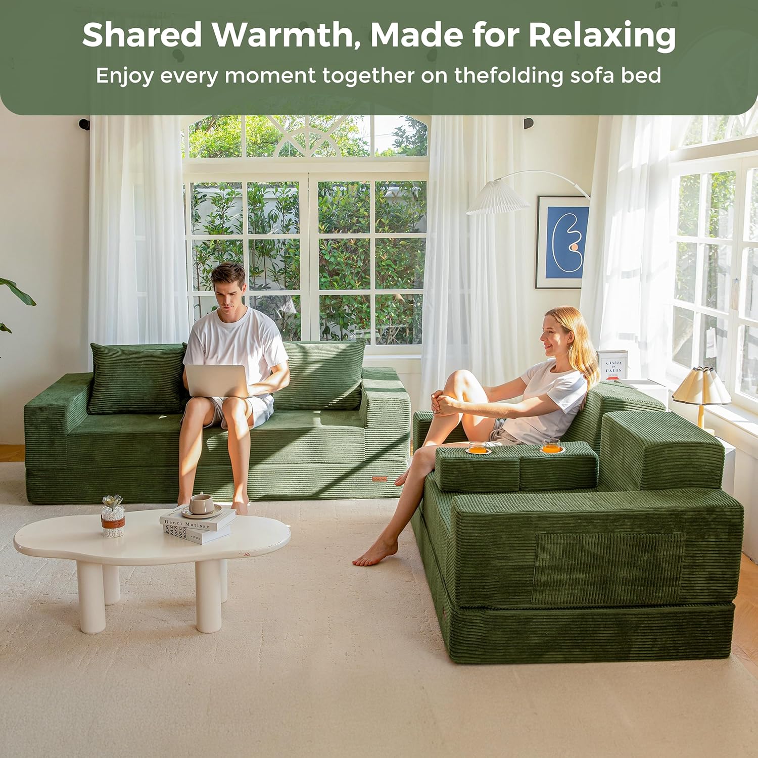 MAXYOYO Convertible Sofa Bed, 80" Oversized Boneless Loveseat Couch 4 in 1 Foldable Floor Sofa Couch in A Box with 2 Cup Holders, Folding Sleeper Chair for Living Room, No Assembly Required, Green