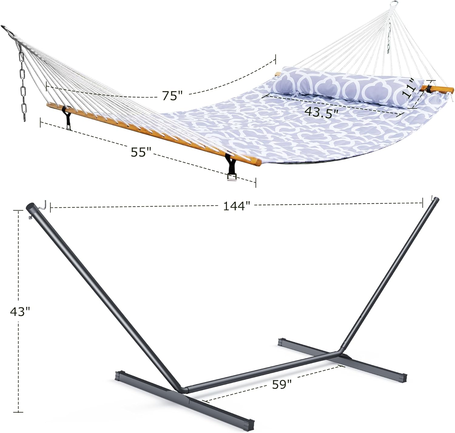 Double Hammock with Stand for Outdoor  Heavy Duty Portable Hammock with Adjustable Steel Stand for Patio  Garden  Beach  Backyard - Includes Carrying Bag White Grey