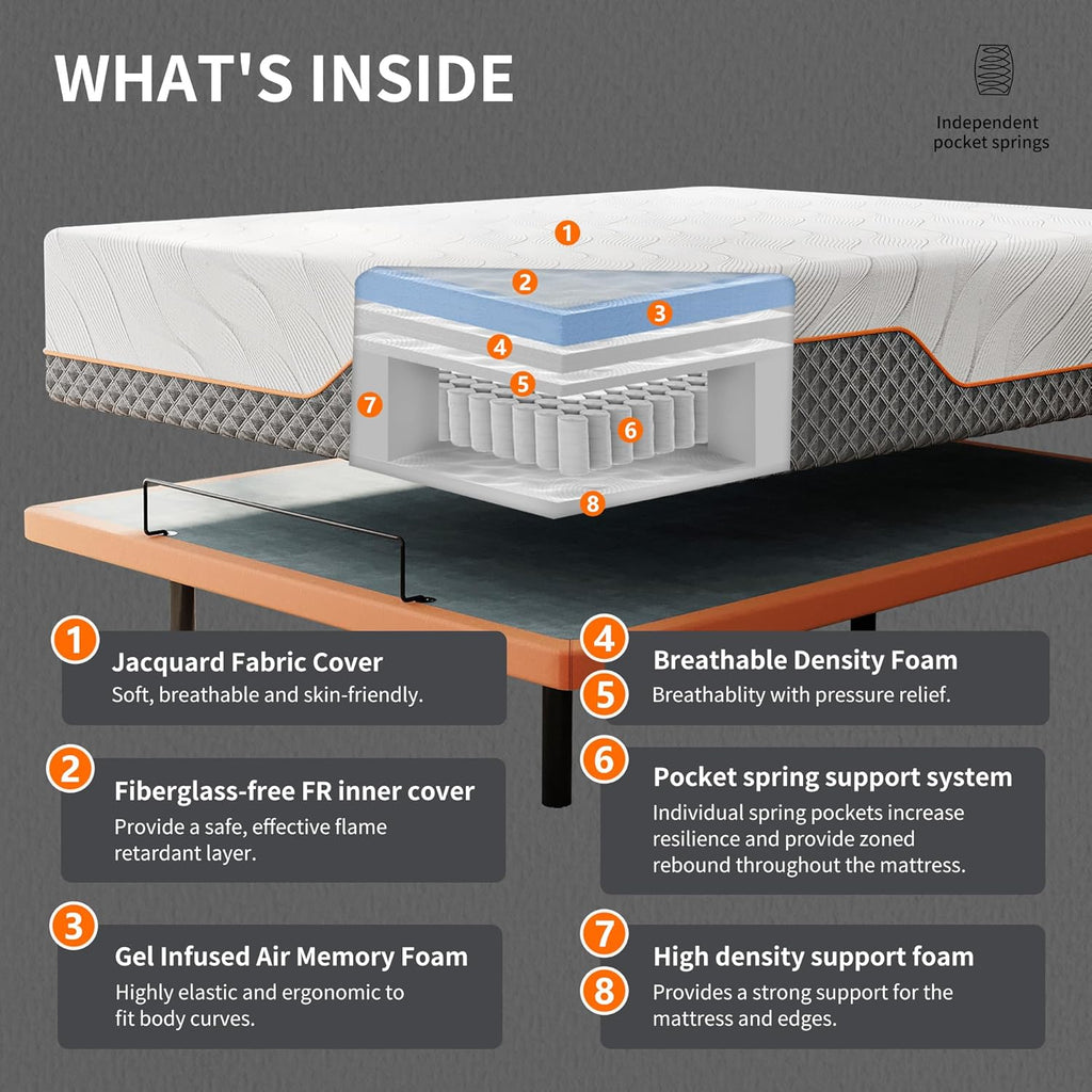 Twin XL Adjustable Bed Frame + 12” Hybrid Matt, Bed Base with Massage, Pillow-tilt, Smart APP Control, Ergonomic Incline, Zero Gravity, Dual USB Port, Under Bed Light, Wireless Remote, 5000 Series