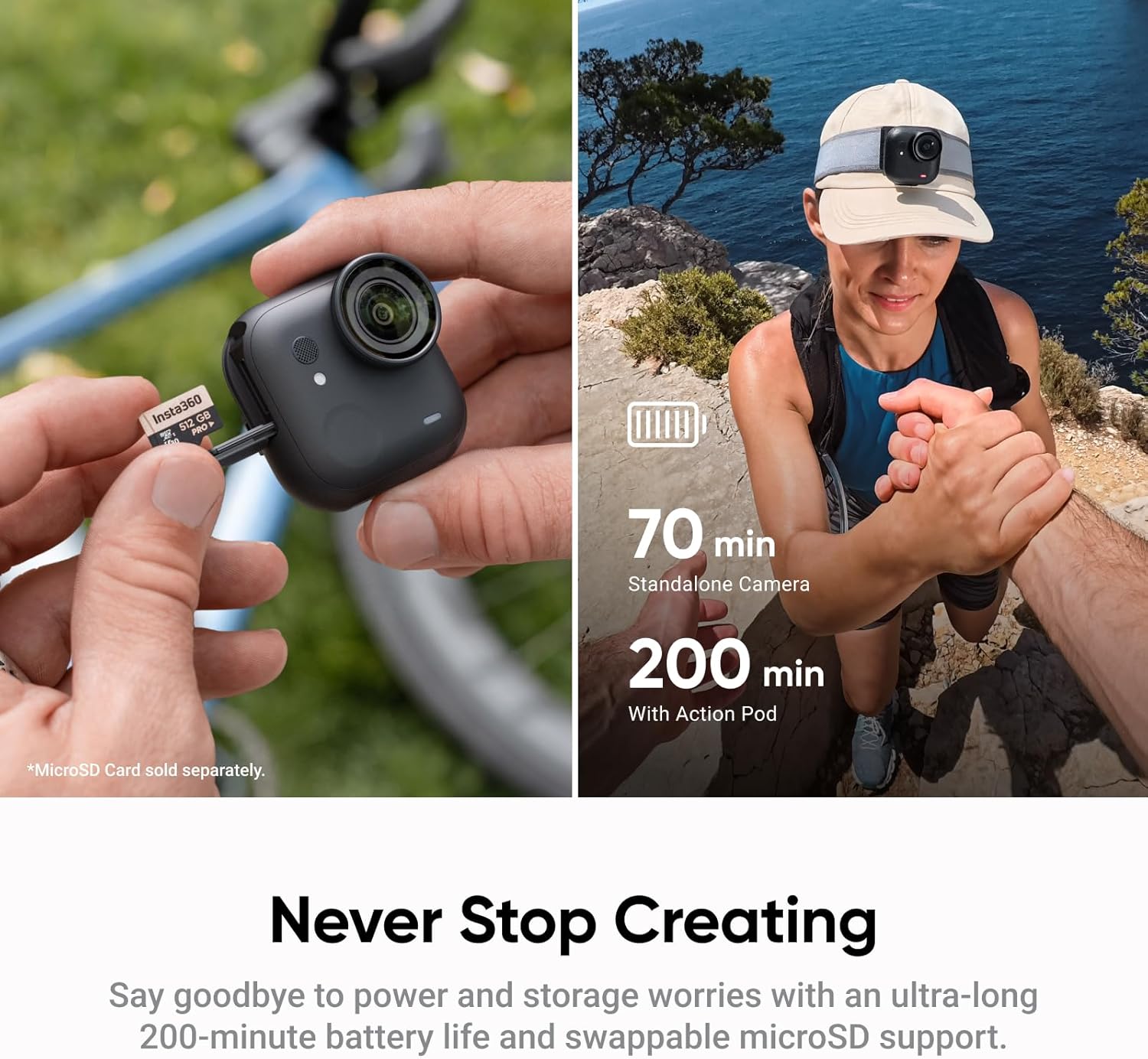 Insta360 GO Ultra - Small 4K Vlogging Camera  Hands-Free  POV Cam  1/1.28" Sensor  53g Lightweight  156° FOV  200 Min Battery Life  Magnetic Wearable Action Camera for Sports  Vlog .Midnight Black
