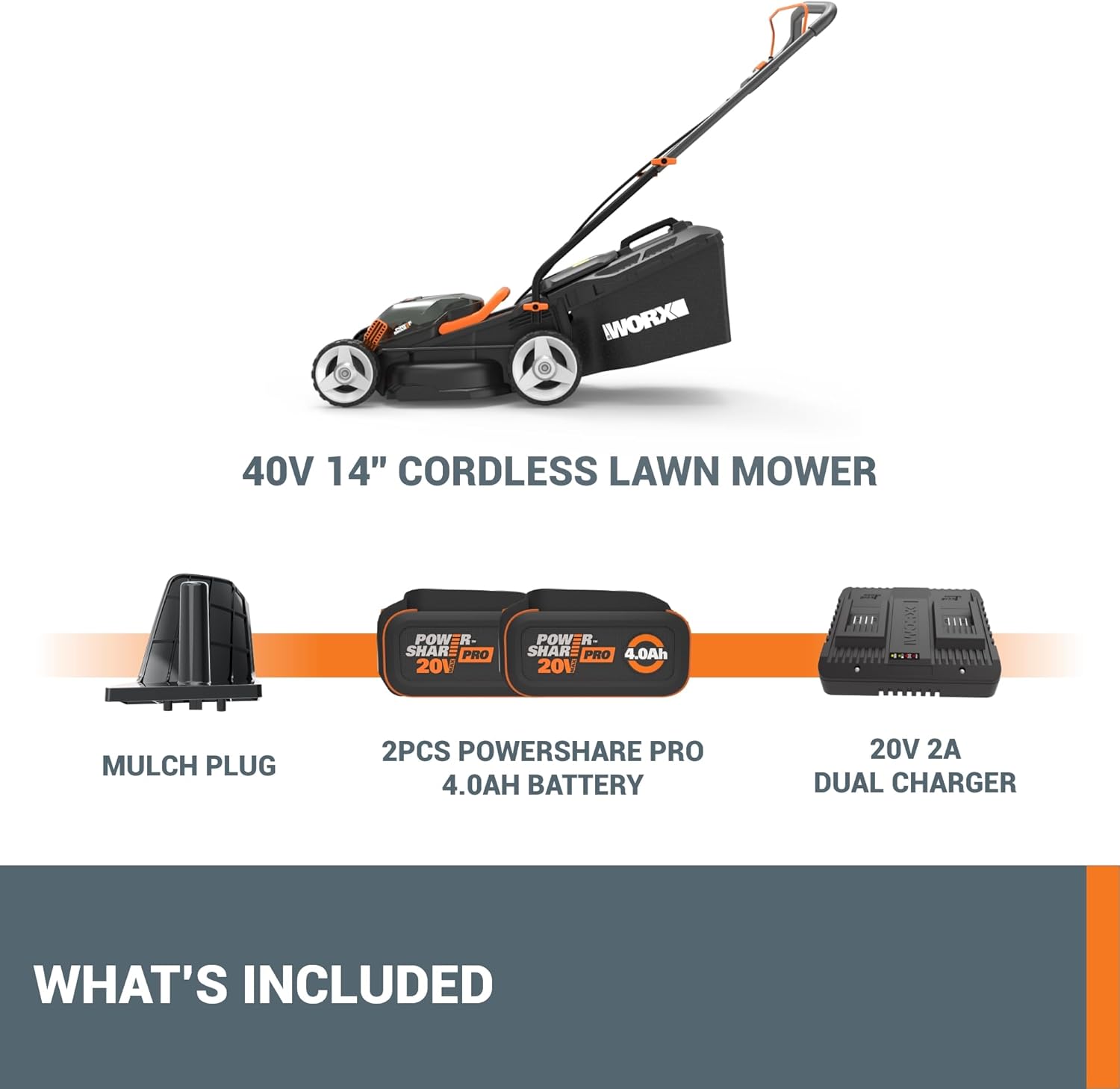 WORX 14" Cordless Lawn Mower  2 in 1 Electric Mower Cuts Quietly  Compact & Lightweight Push Lawn Mower with 6-Position Height Adjustment for Small Yards  2 Batteries & Charger Included  WG779