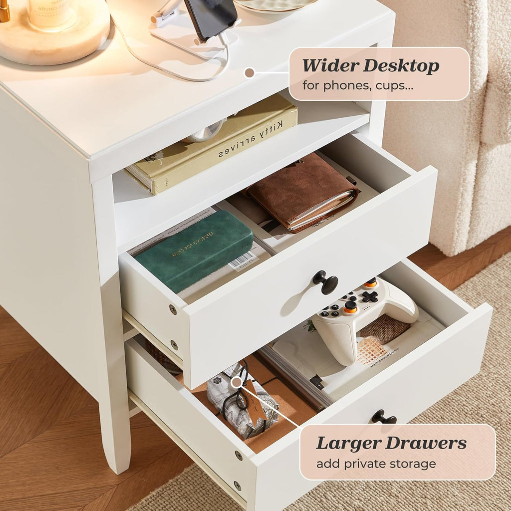 Huuger White Nightstand Set of 2, Night Stand with Charger Station, Bedside Table with 2 Drawers, Bed Side Tables for Bedroom, Modern Nightstands, Metal Knobs, Painted Surface
