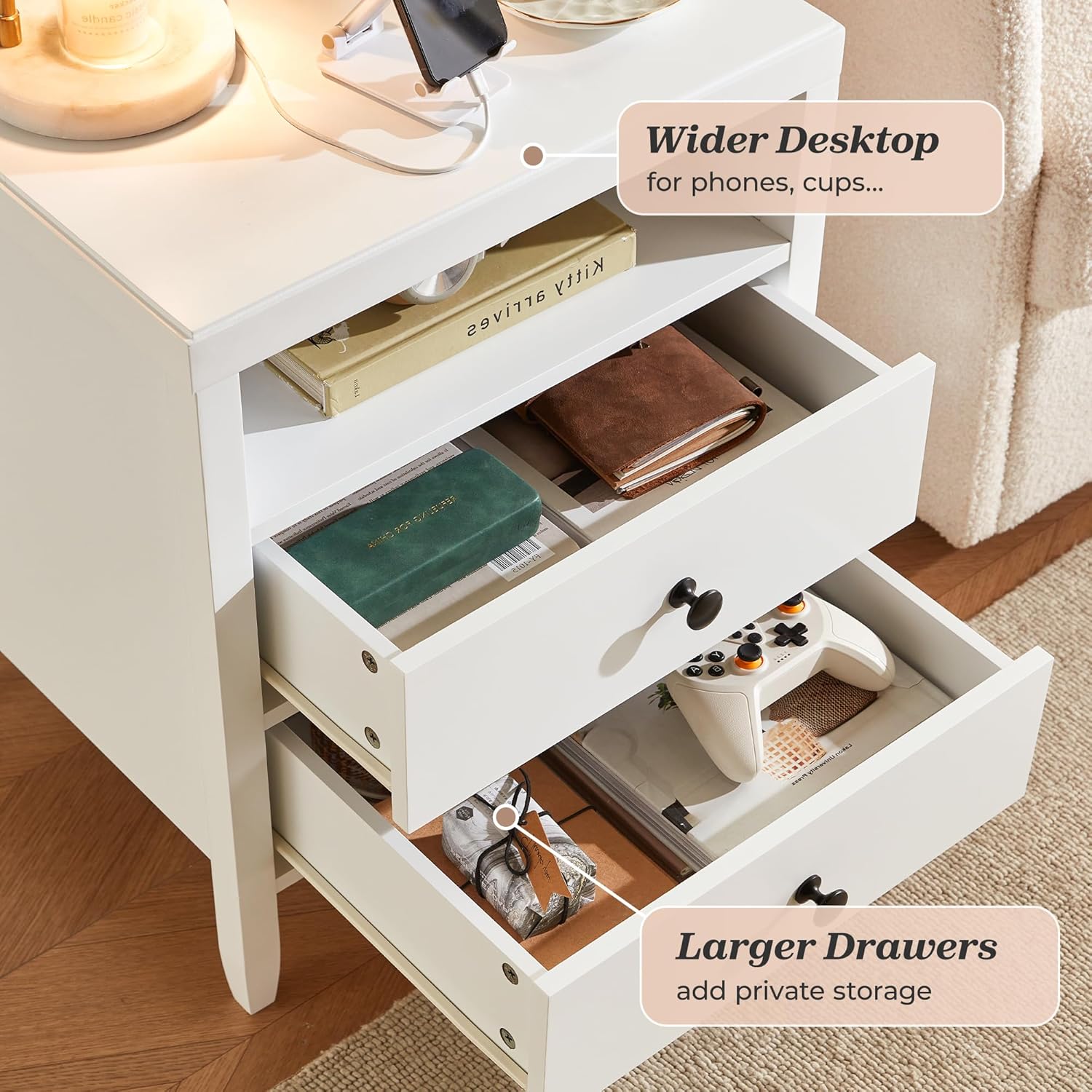Huuger White Nightstand Set of 2, Night Stand with Charger Station, Bedside Table with 2 Drawers, Bed Side Tables for Bedroom, Modern Nightstands, Metal Knobs, Painted Surface