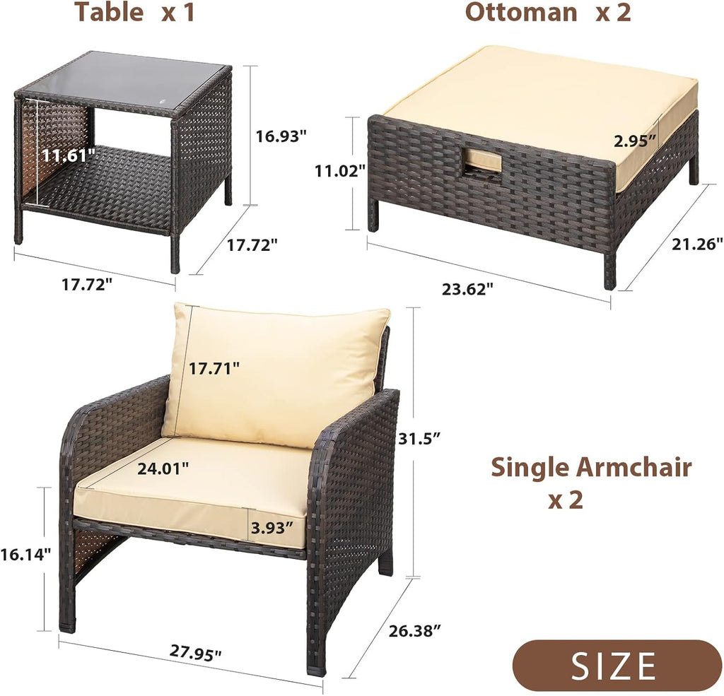 LEVELEVE Balcony Furniture 5 Piece Patio Conversation Set  PE Wicker Rattan Outdoor Lounge Chairs with Soft Cushions 2 Ottoman&Glass Table for Porch  Lawn-Brown Wicker