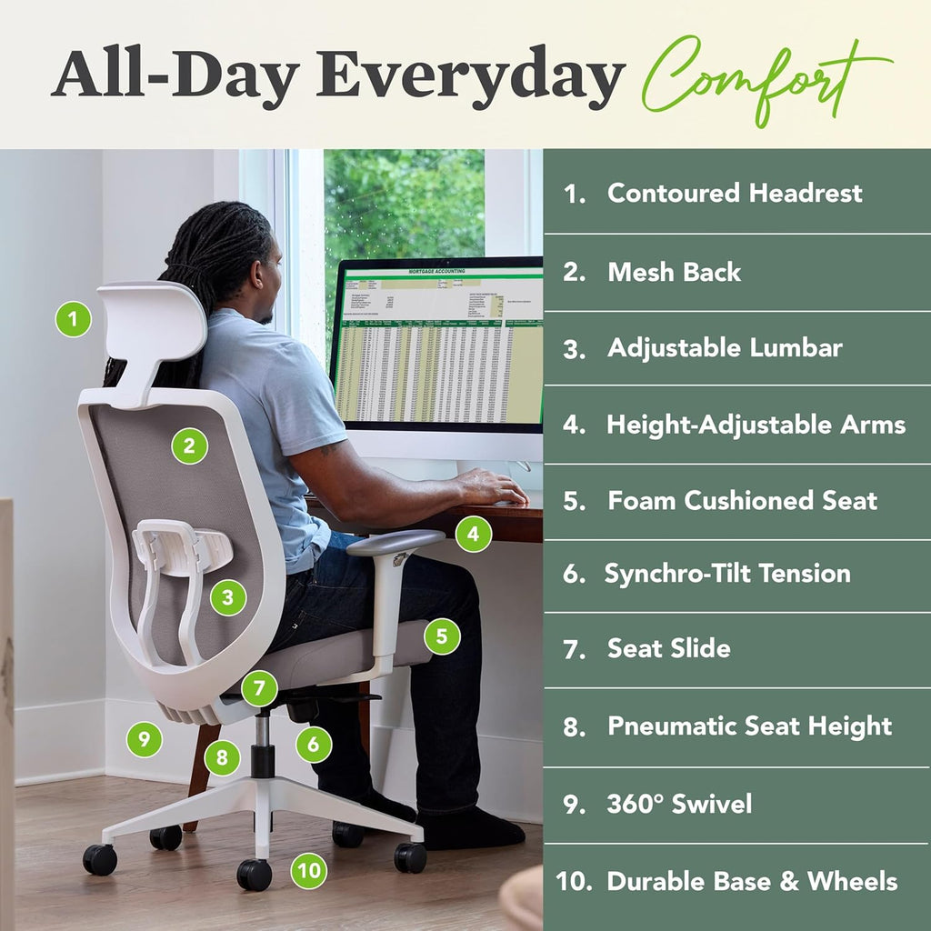 HON Altern Ergonomic Office Chair with Headrest, Arms, Wheels, Foam Cushion Seat, Mid Back Home Office Desk Chair Comfy, Gaming Chair, Height Adjustable Arms, Synchro-Tilt, Seat-Slide, Black