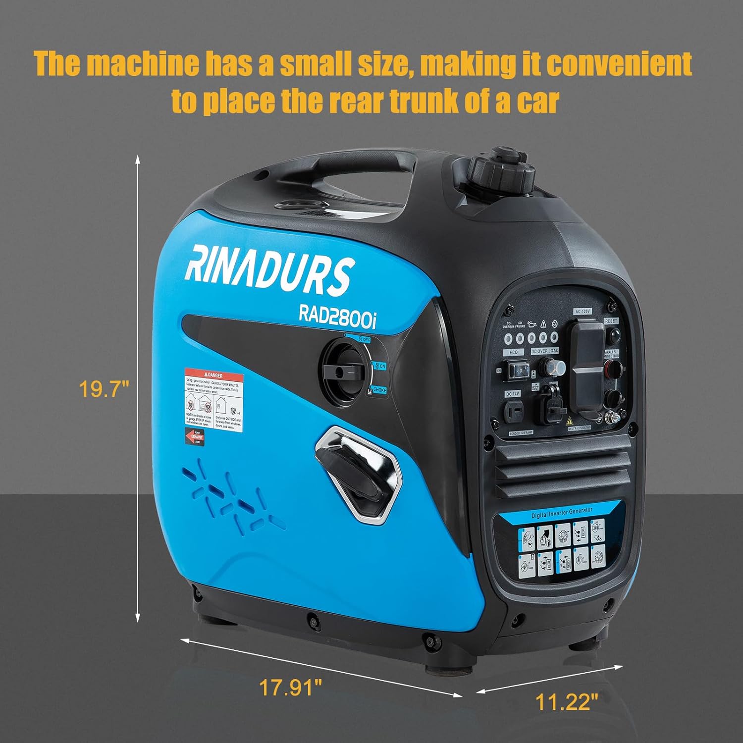 2800 Watt inverter generator  quiet and portable  suitable for home backup power  outdoor camping  and construction sites.EPA Compliant