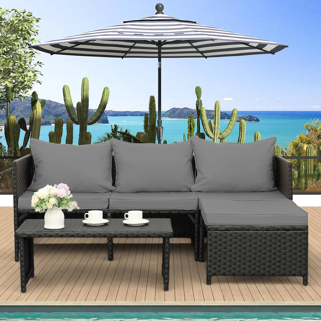 Valita 3-Piece Outdoor PE Rattan Furniture Set Patio Black Wicker Conversation Loveseat Sofa Sectional Couch Gray Cushion
