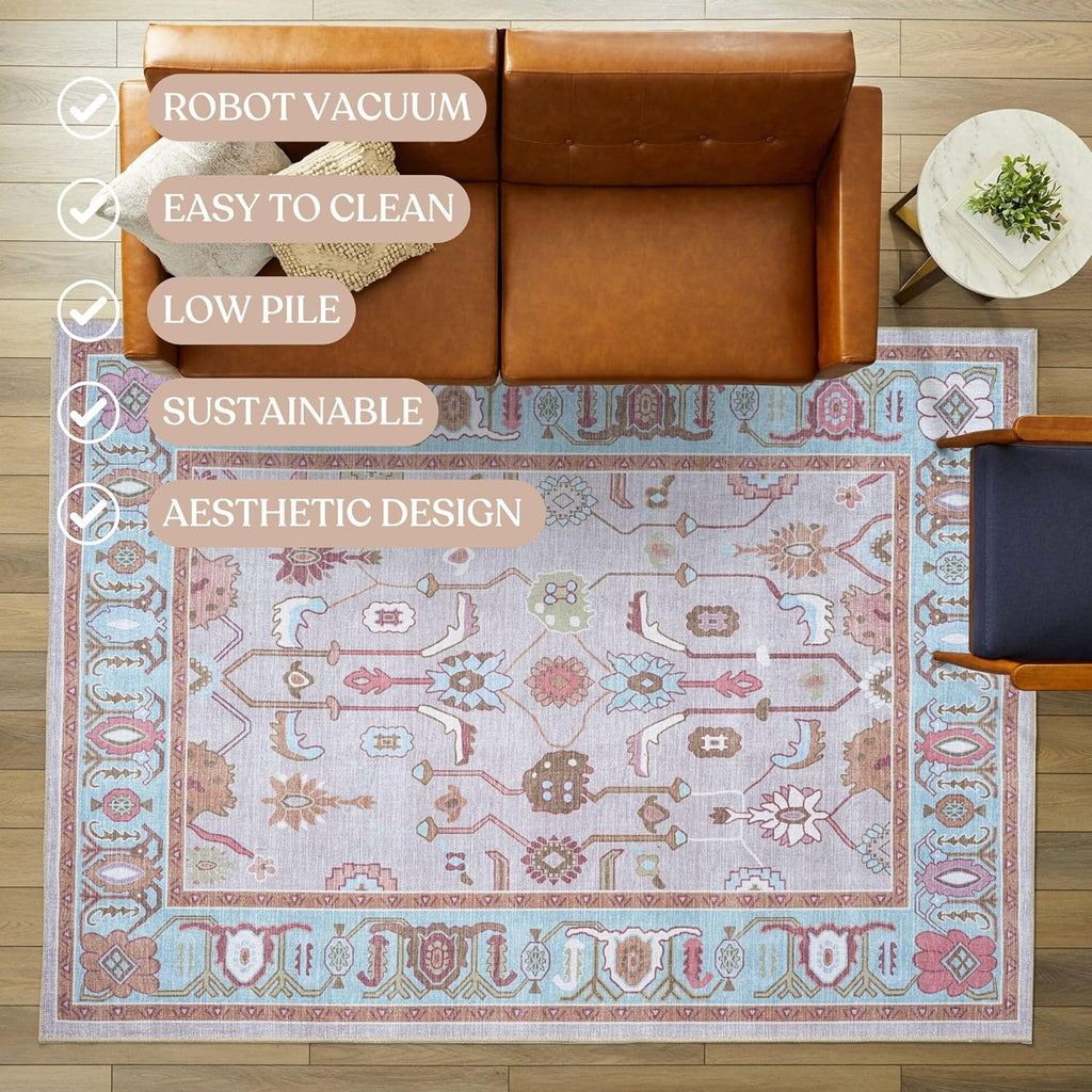 Fame Living Pink Oushak Rug, Modern, Vintage, Turkish, Eclectic, Floral, Pastel, Washable, Area Rugs for Living Room, Dining, Bedroom, Nursery, Girls, Boys, 5'9"x8'9"