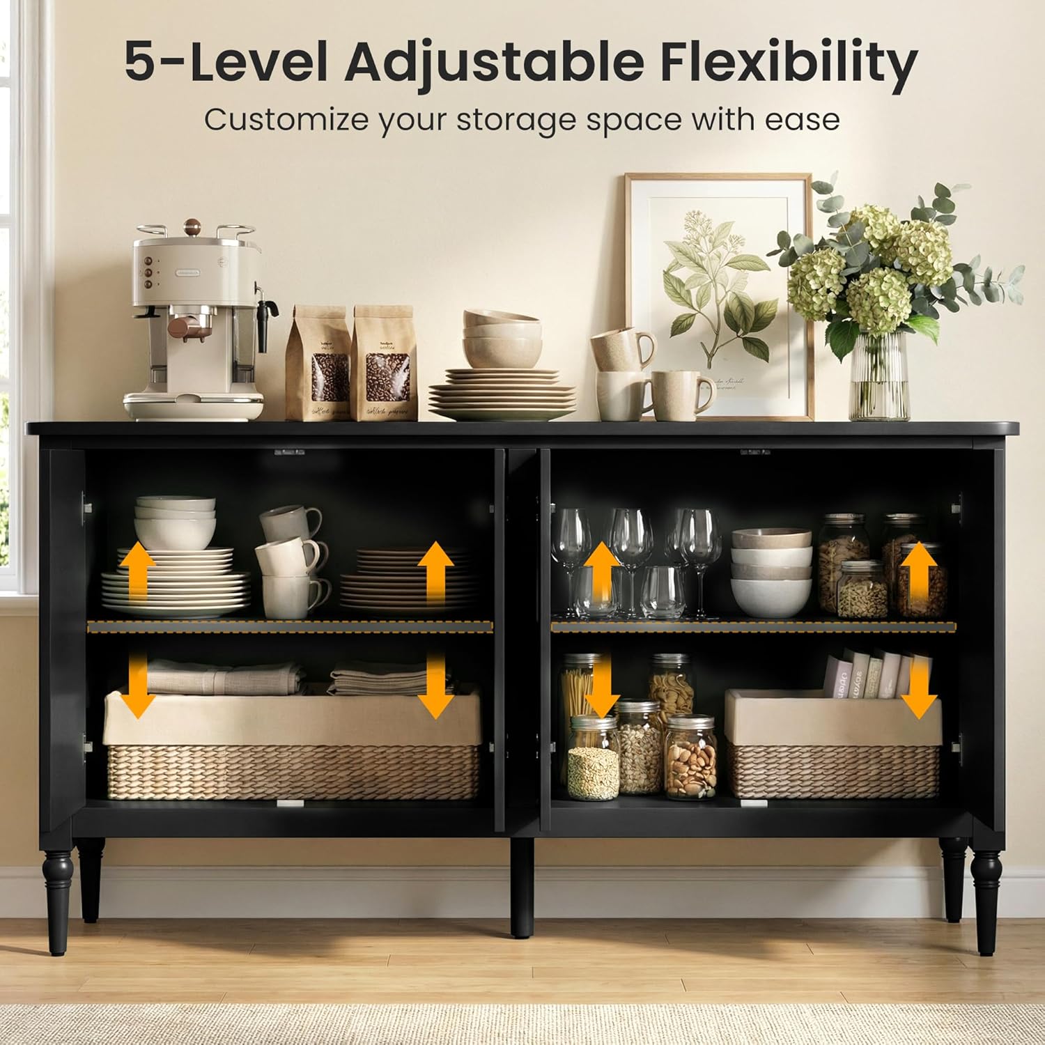 RoyalCraft 59" Buffet Cabinet with Storage, Vintage Sideboard with Adjustable Shelves & Carved Handle, Mid Century Modern Painted Credenza Coffee Bar for Kitchen, Dining Room, Satin Black
