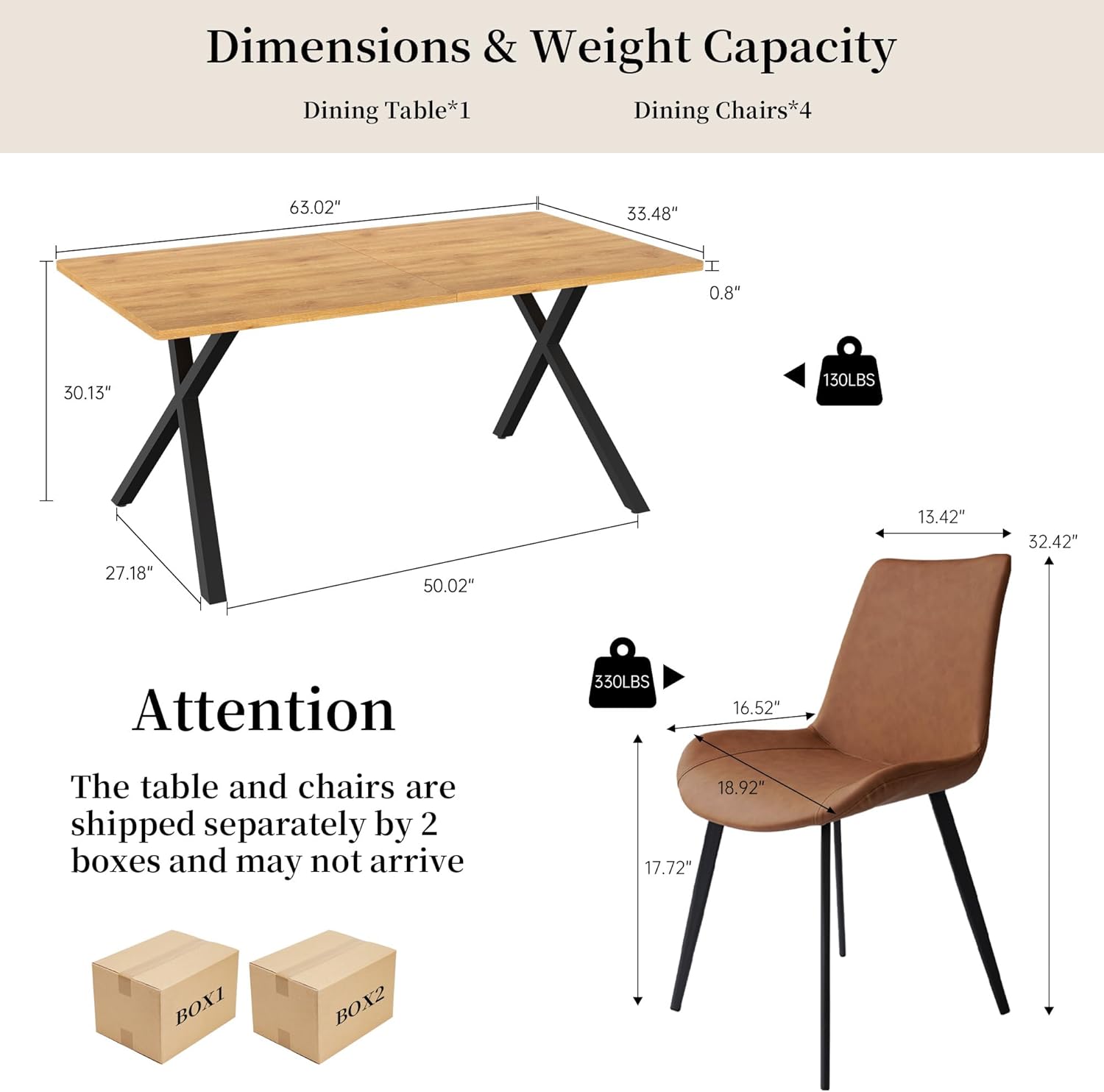 5-Piece Dining Table Set for 4-6 People, 63" MDF Kitchen Table with 4 Upholstered Chairs, Metal Legs for Dining Room, Kitchen(Oak Table+4 Brown Chairs)