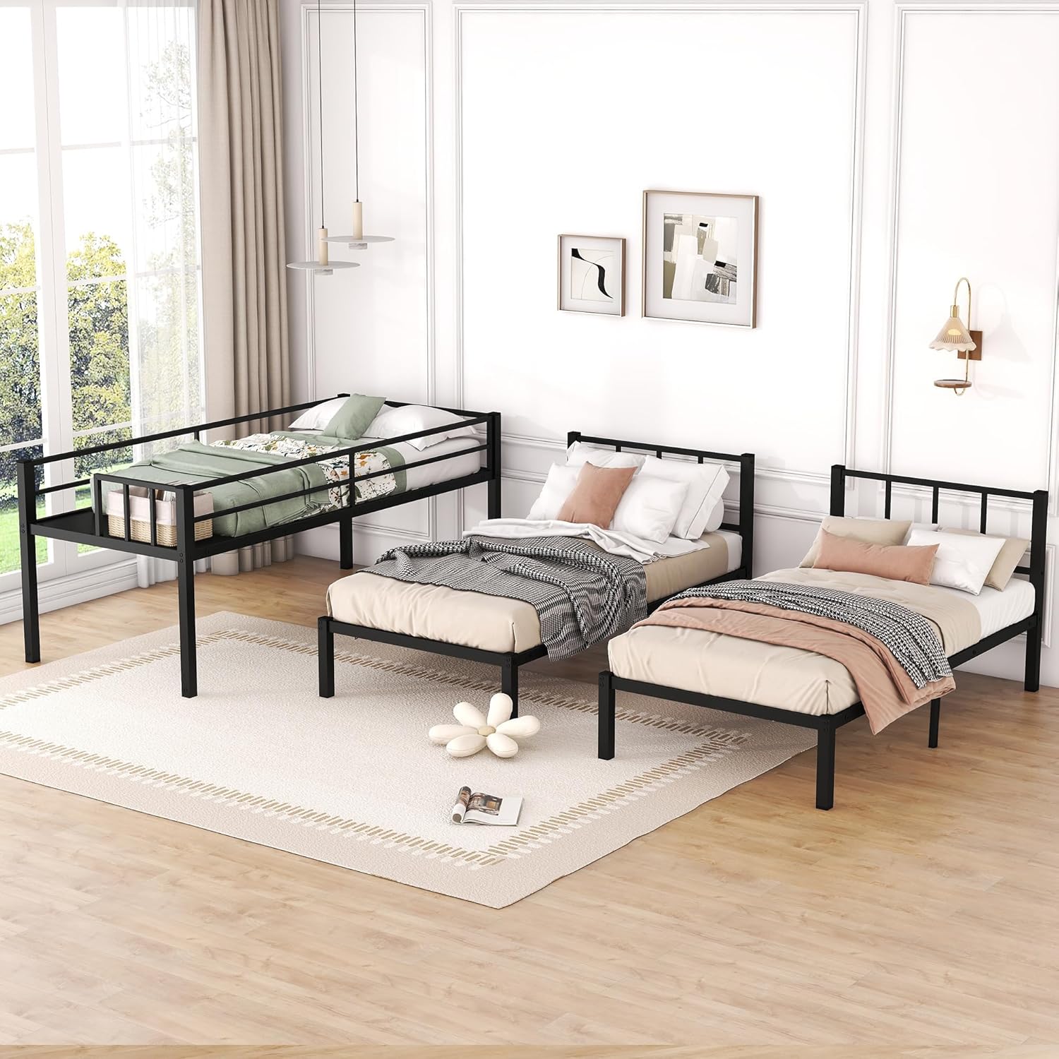 Twin Over Twin Over Twin Triple Bunk Bed for Kids,3 Bed Bunk Beds for 3,Metal Triple Bunk Beds with Built-in Desk,Separates Into 3 Twin Beds,Noise Reduced Structure,Black