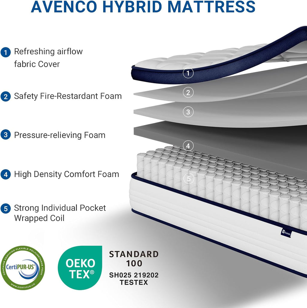 Avenco Queen Mattress, Hybrid Queen Size Mattress in a Box, 12 Inch Queen Size Mattresses with Comfort Foam and Pocket Coils for Pressure Relief Motion Isolation