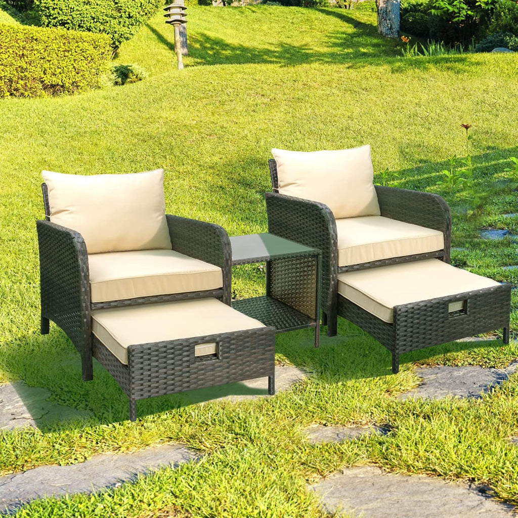 LEVELEVE Balcony Furniture 5 Piece Patio Conversation Set  PE Wicker Rattan Outdoor Lounge Chairs with Soft Cushions 2 Ottoman&Glass Table for Porch  Lawn-Brown Wicker