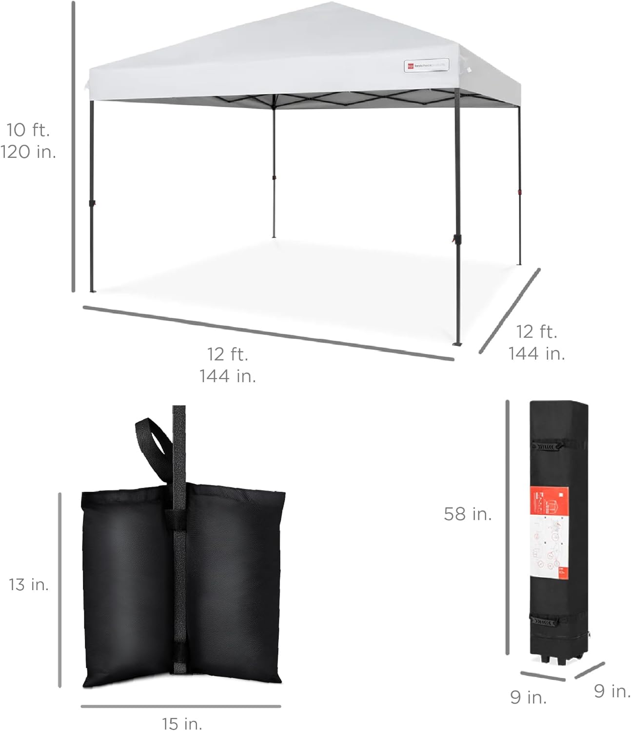 Best Choice Products 12x12ft Pop Up Canopy Tent  Outdoor Shade  1 Person 1 Minute Set Up  Carry Case  4 Weight Bags - White