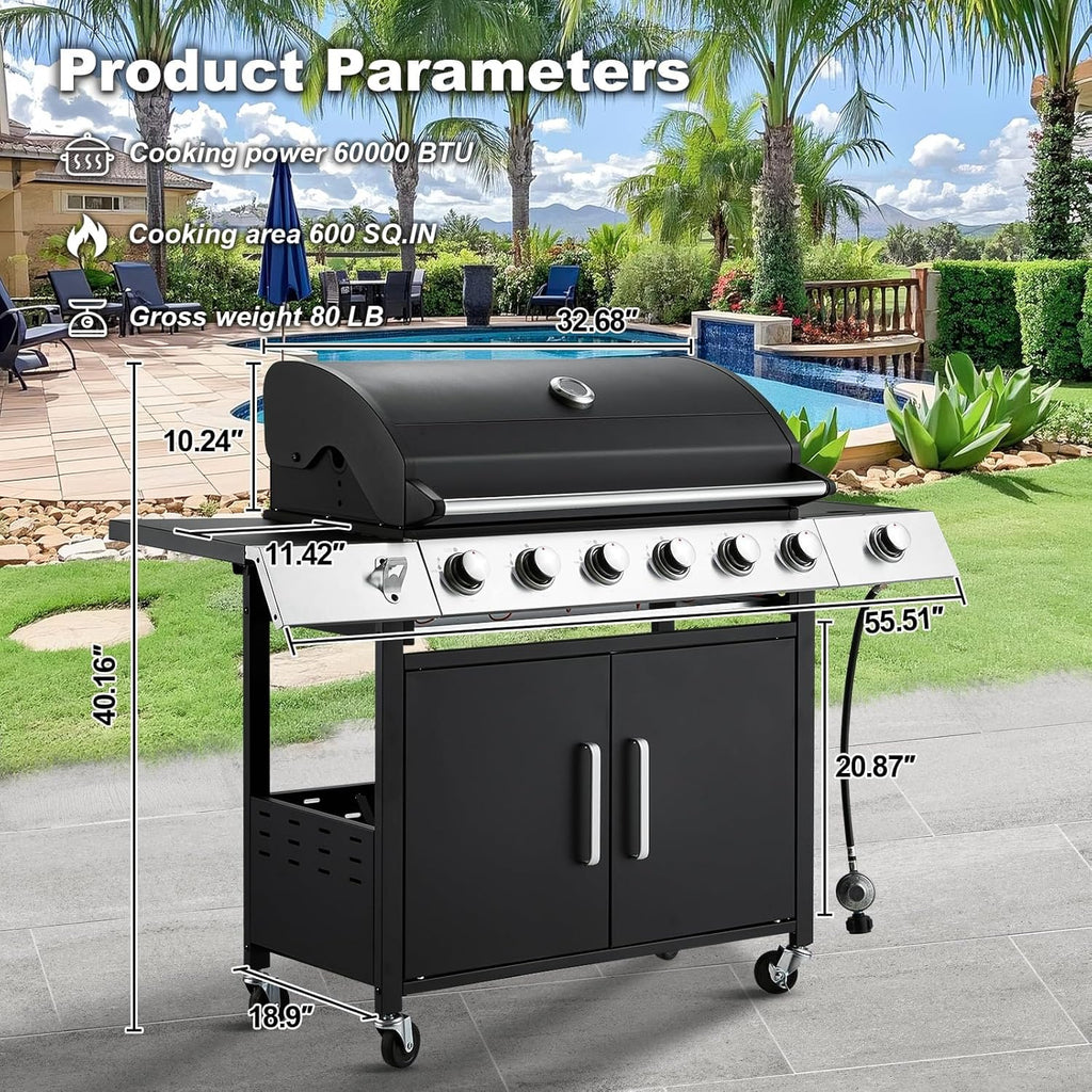 MELLCOM Upgraded 60 000 BTU Stainless Steel Burner Barbecue Grill  6 Burner BBQ Propane Gas Grill with Side Stove & Cast Iron Grates for Patio  Camping  Outdoor Cooking