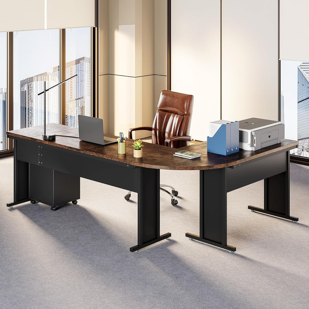 LITTLE TREE 83 Inch L-Shaped Office Desk with Drawers, Large Executive Office Desk with Storage, Wooden Computer Desk with File Cabinet, Modern Work Desk for Home Office, Brown