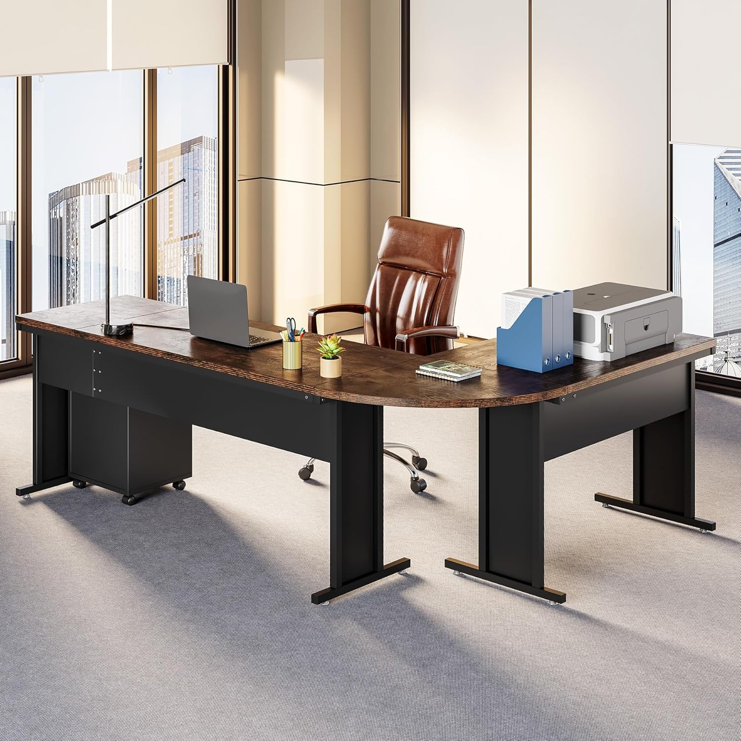 LITTLE TREE 83 Inch L-Shaped Office Desk with Drawers, Large Executive Office Desk with Storage, Wooden Computer Desk with File Cabinet, Modern Work Desk for Home Office, Brown
