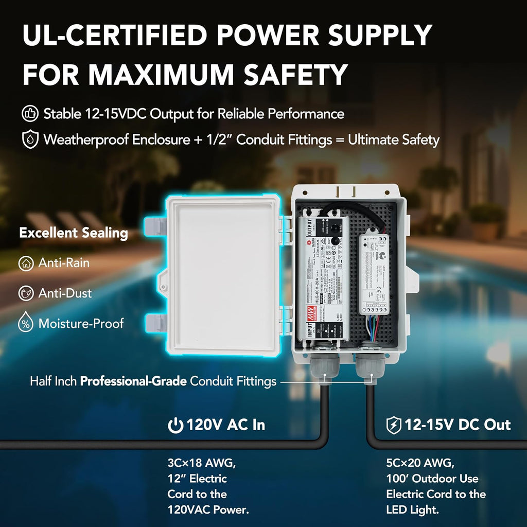 HQUA PN01DC LED Inground Pool Lighting System RGBW Color Change 10 Inch 50W  Remote/App Control  120V AC  100 Feet Cord