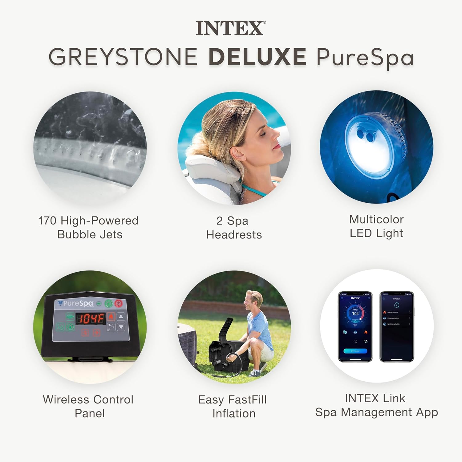 INTEX 28451EP PureSpa Greystone Deluxe Spa Set: Includes Energy Efficient Spa Cover and Wireless Control Panel – Spa Control App – Built-In FastFill Inflation System – 6 Person Capacity – 77" x 28"