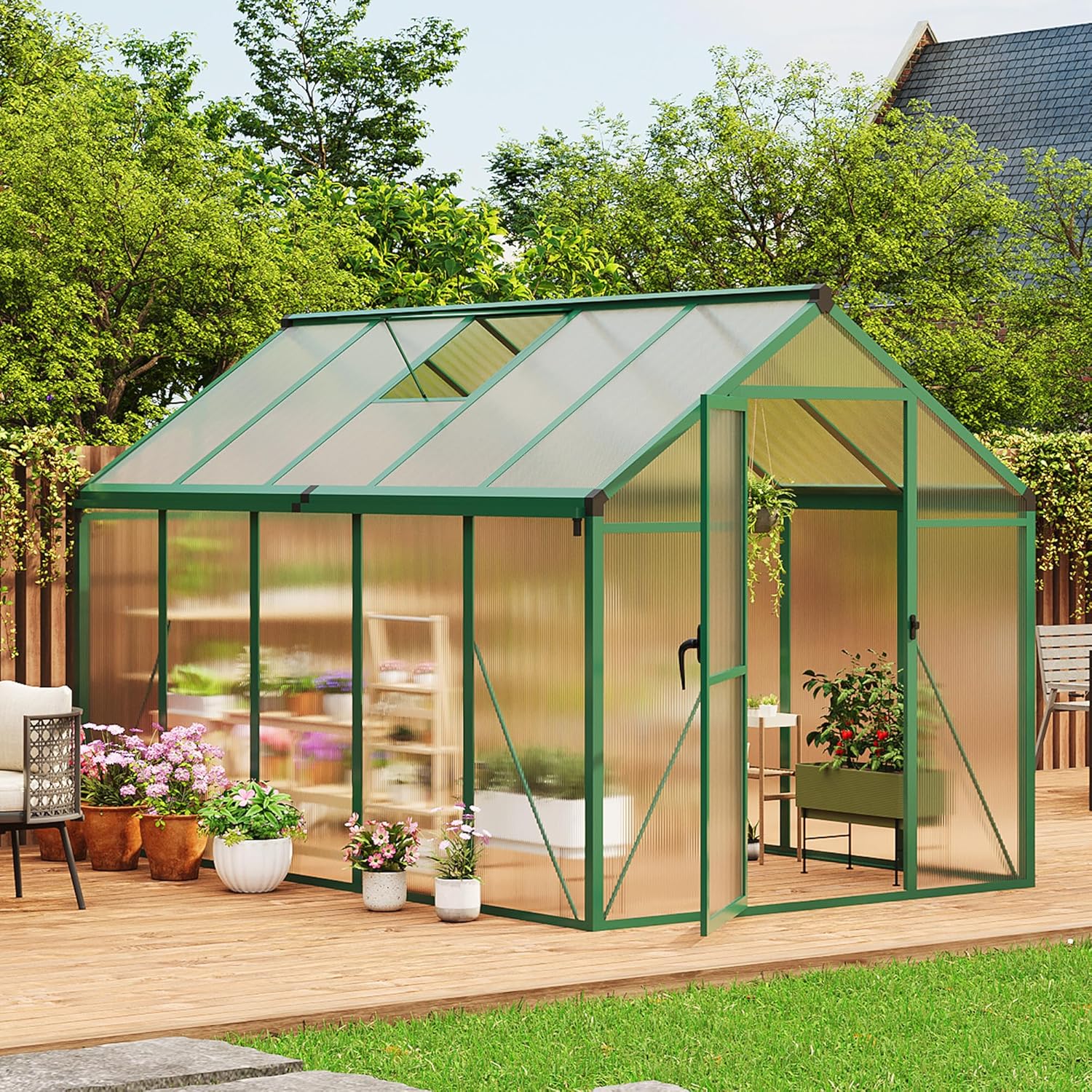 6x10 FT Greenhouse  Easy Assembly Aluminum Polycarbonate Greenhouses for Outdoors with Roof Vent and Ground Nails  Heavy Duty Aluminum Walk-in Greenhouse for Backyard  Sliding Lockable Door  Green