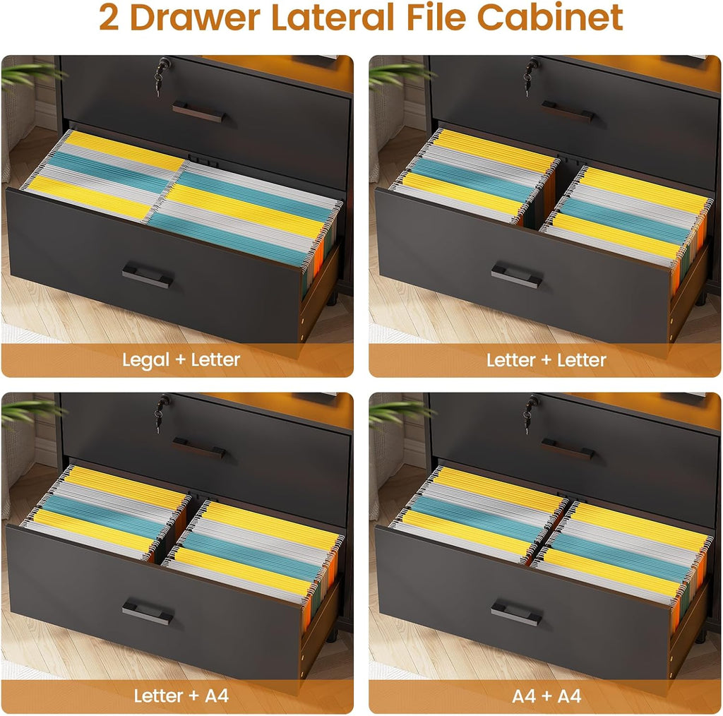 SEDETA 59" File Cabinet, 2 Drawers Filing Cabinets for Home Office fit Legal/Letter/A4 File, File Cabinet with Lock & Power Outlets, Printer Stand with Storage & LED Lights, Black