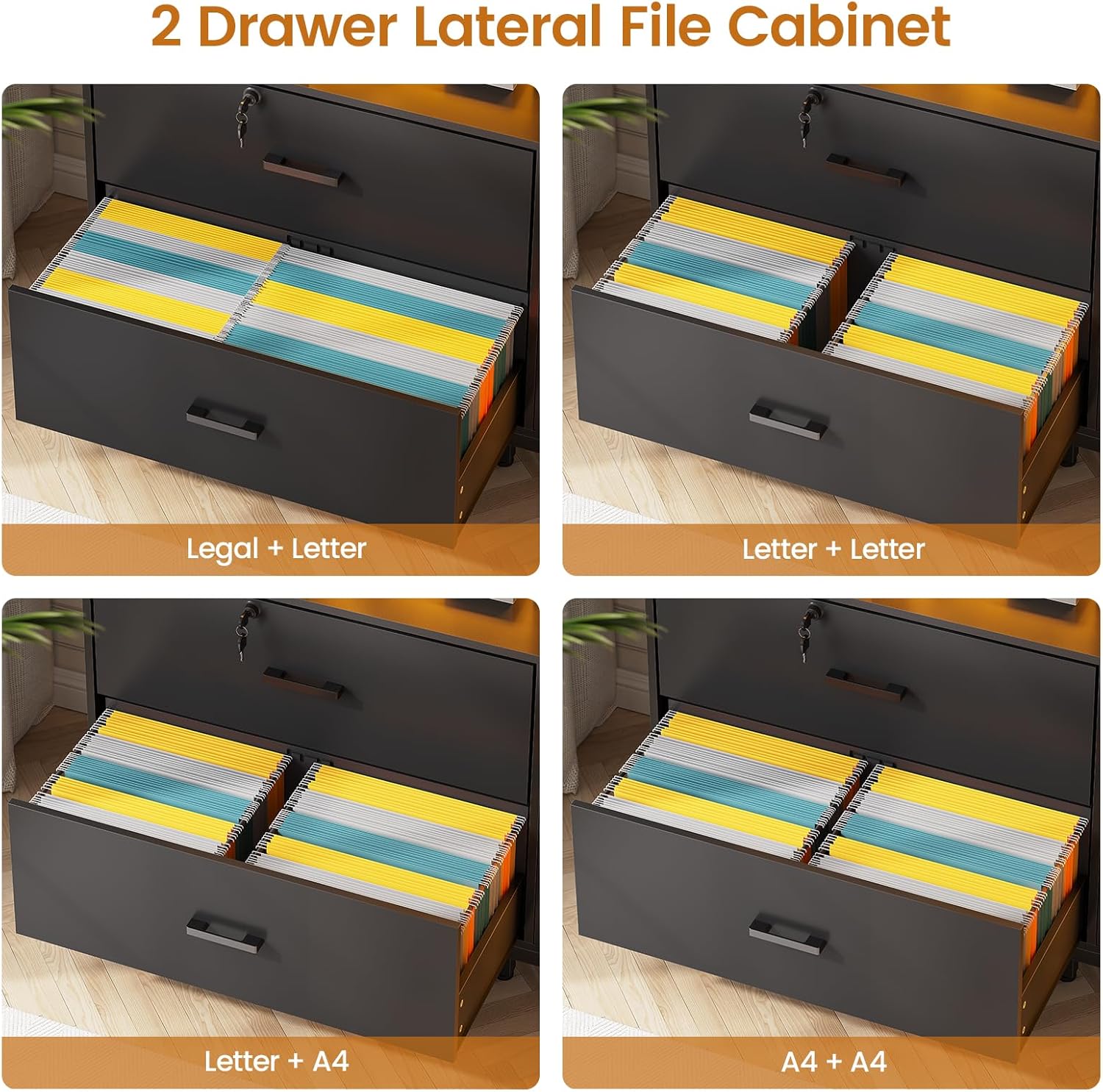 SEDETA 59" File Cabinet, 2 Drawers Filing Cabinets for Home Office fit Legal/Letter/A4 File, File Cabinet with Lock & Power Outlets, Printer Stand with Storage & LED Lights, Black