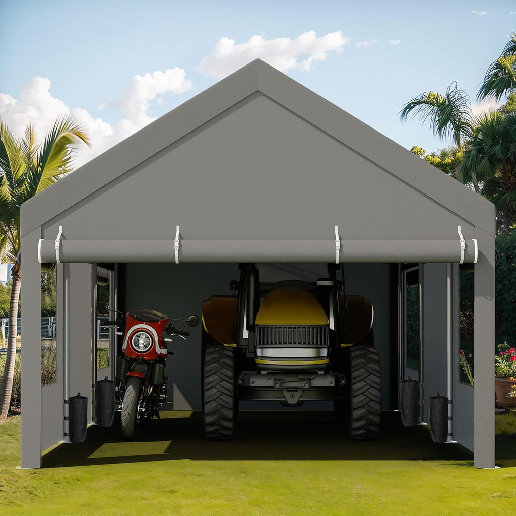 JY QAQA Carport  12x20 FT Heavy Duty Carport with Removable Side Walls and Doors  Portable Garage with Roll-Up Window and Sandbags  Car Canopy with All-Season Tarp for Cars  Trucks  Boats  Grey