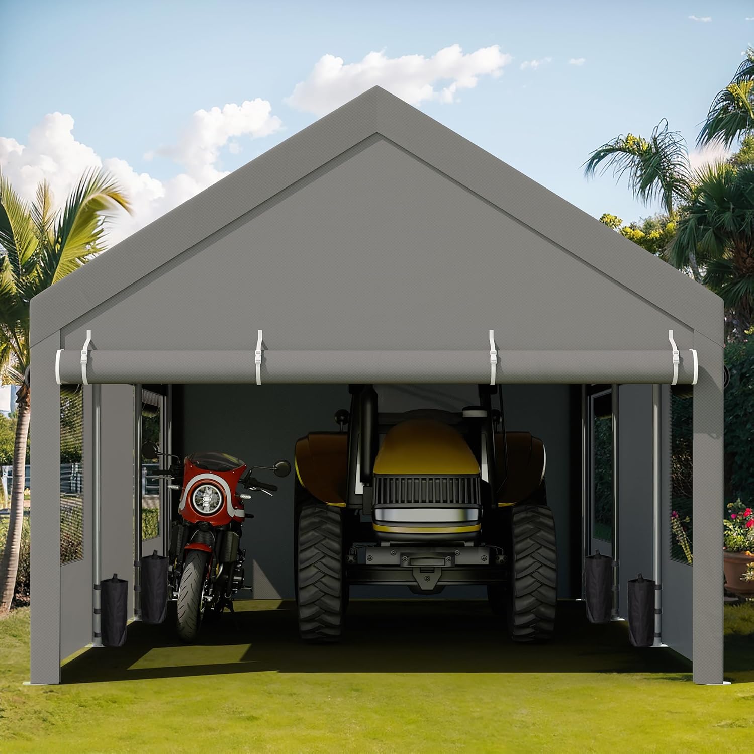 JY QAQA Carport  12x20 FT Heavy Duty Carport with Removable Side Walls and Doors  Portable Garage with Roll-Up Window and Sandbags  Car Canopy with All-Season Tarp for Cars  Trucks  Boats  Grey