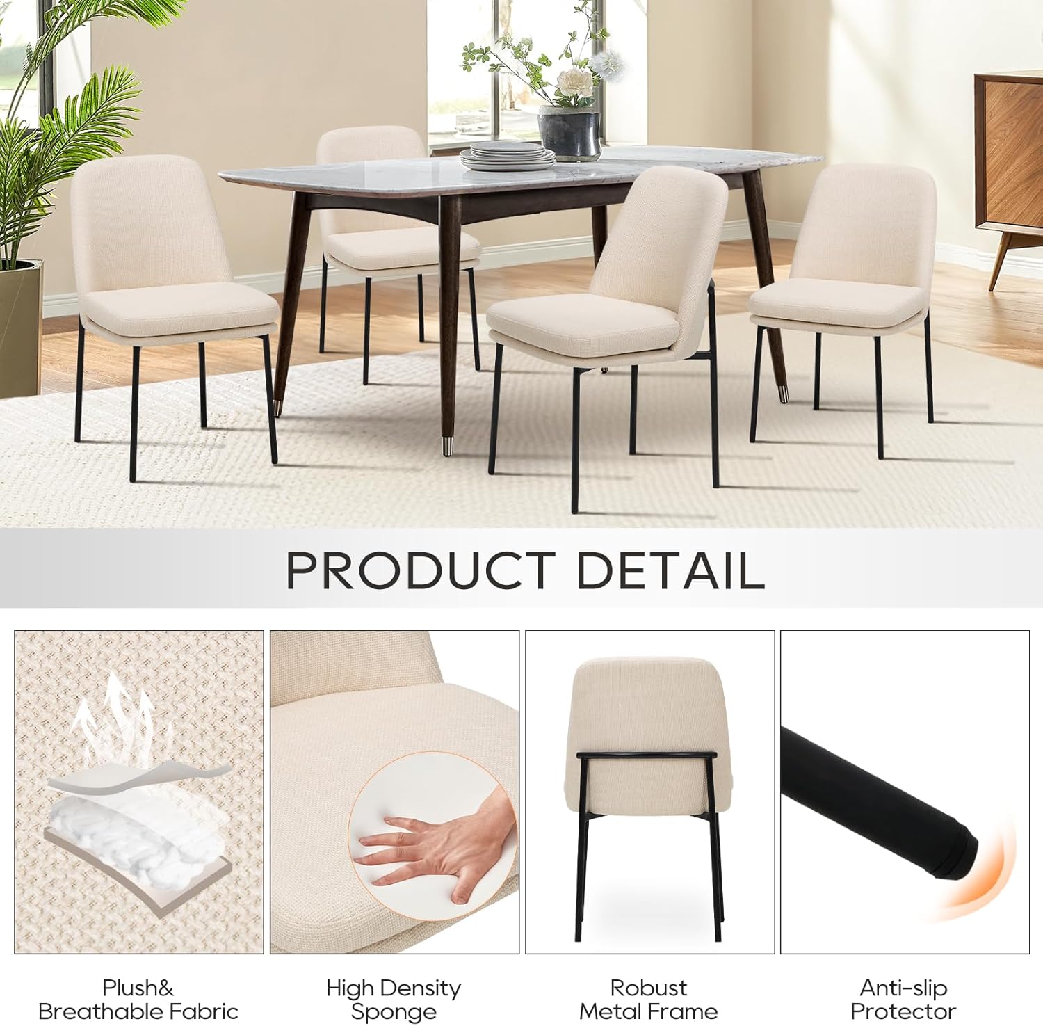 COLAMY Dining Chairs Set of 4, Modern Dining Chairs, Fabric Upholstered Dining Chairs, Kitchen Chairs with Curved Back and Metal Legs for Dining Room Kitchen Restaurant, Beige