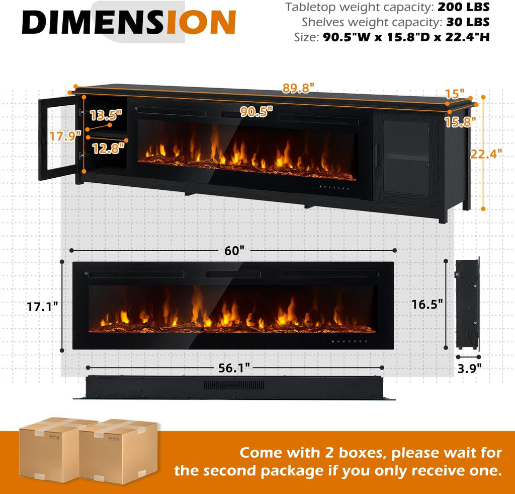 MXV 90" Fireplace TV Stand, Modern Entertainment Center with 60 Inch Electric Fireplace, Adjustable Shelf & Glass Door, Fire Place with WI-FI Enabled, TV Console for Living Room, Black