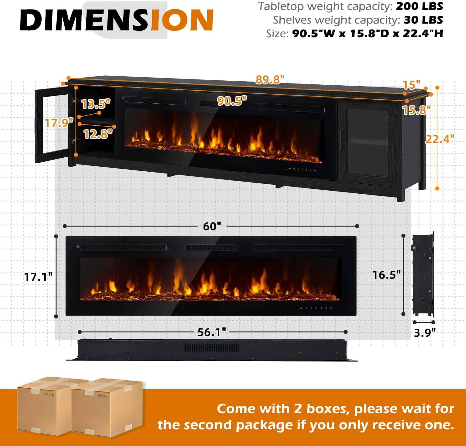 MXV 90" Fireplace TV Stand, Modern Entertainment Center with 60 Inch Electric Fireplace, Adjustable Shelf & Glass Door, Fire Place with WI-FI Enabled, TV Console for Living Room, Black
