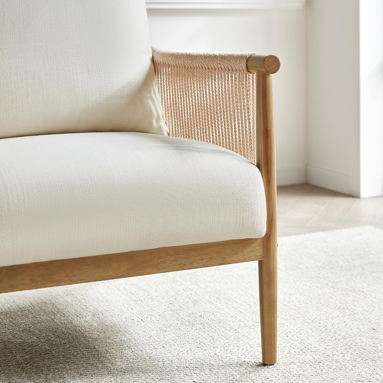 CHITA Braid Accent Chair Set of 2, Modern Armchair with Solid Wooden Armrest for Living Room and Bedroom, Boho Reading Chair, Cream