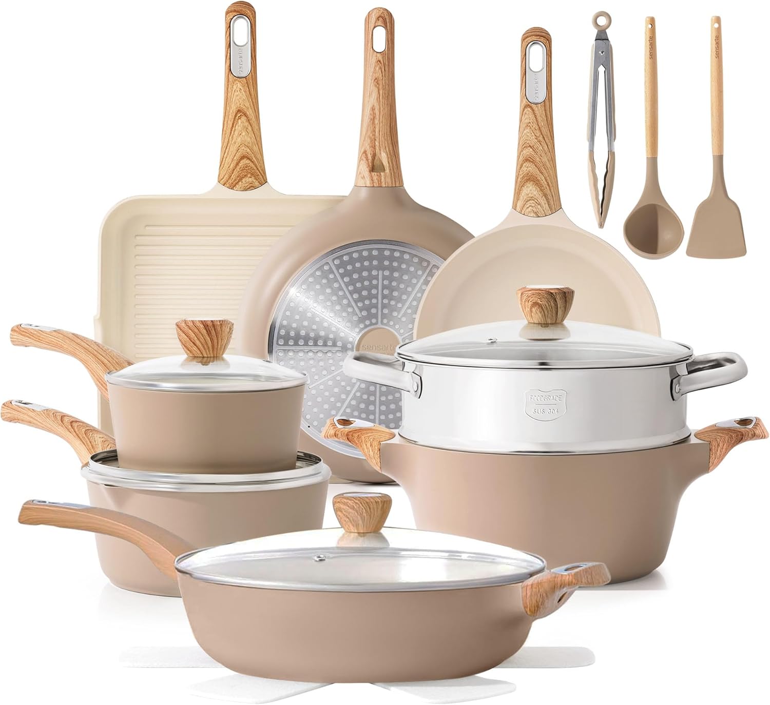 SENSARTE Ceramic Cookware Sets, Pots and Pans Set Nonstick, 20-Piece Induction Cookware, Non-toxic Healthy Non Stick Kitchen Cooking Set with Stay-Cool Handles, PFAS PTFE PFOA PFOS Free