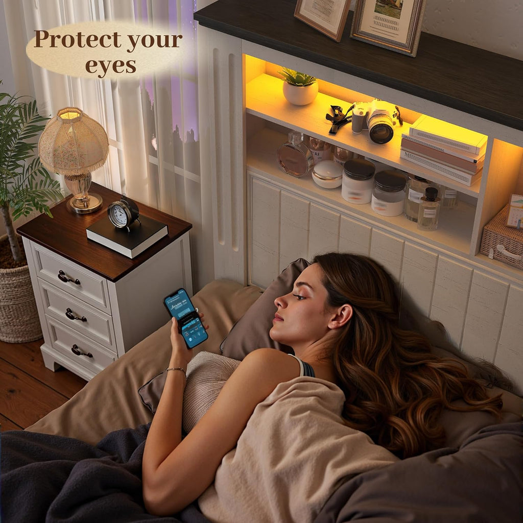 EnHomee King Bed Frame and Headboard, King Size Bed Frame with 4 Storage Drawers, King Bed with LED Lights & Charging Ports,No Box Spring Needed,NO Noise,Wooden, White