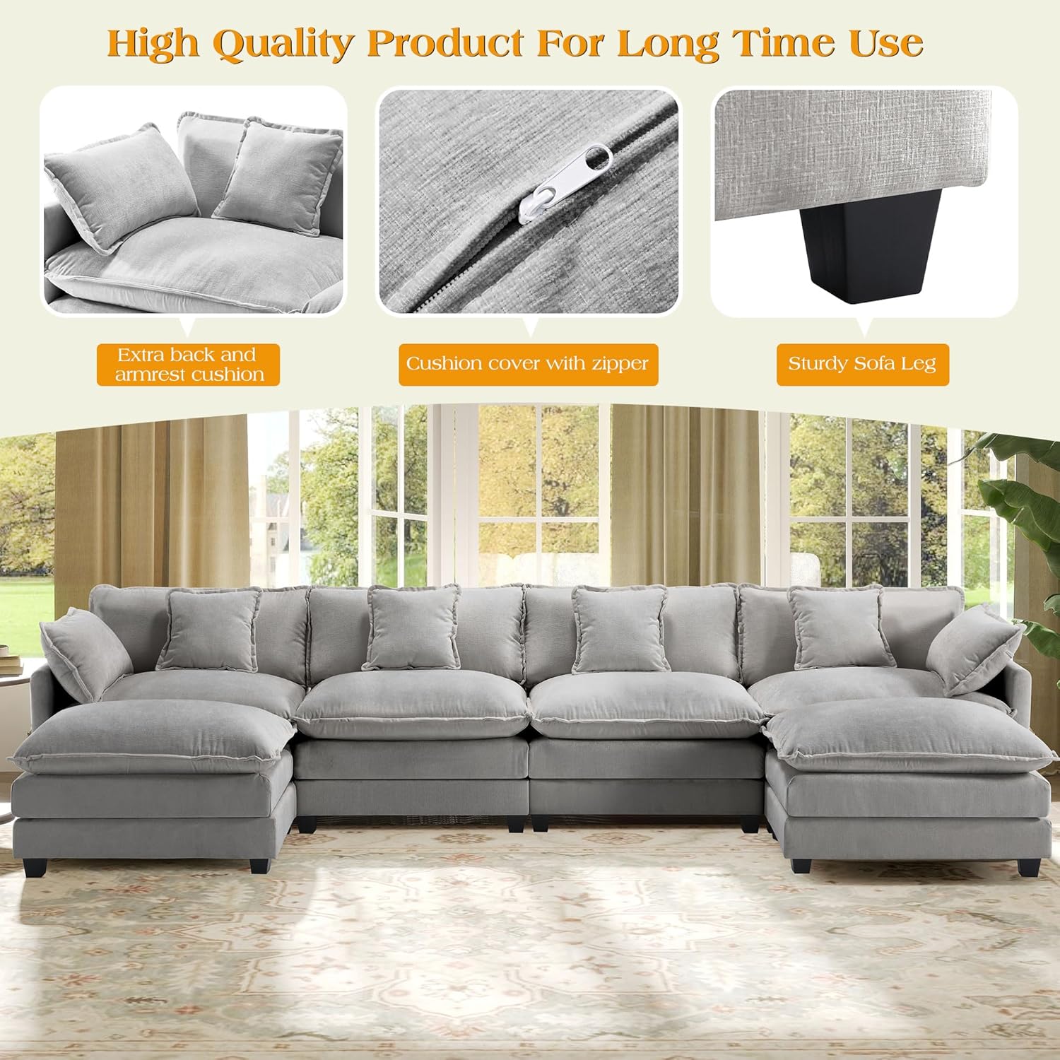149.2" Modular Sectional Sofa,U Shaped Couch for Living Room,Modern Deep Seat Sofa 3 Seater Chenille Fabric Comfy Cloud Couches with Throw Pillows & Movable Ottoman