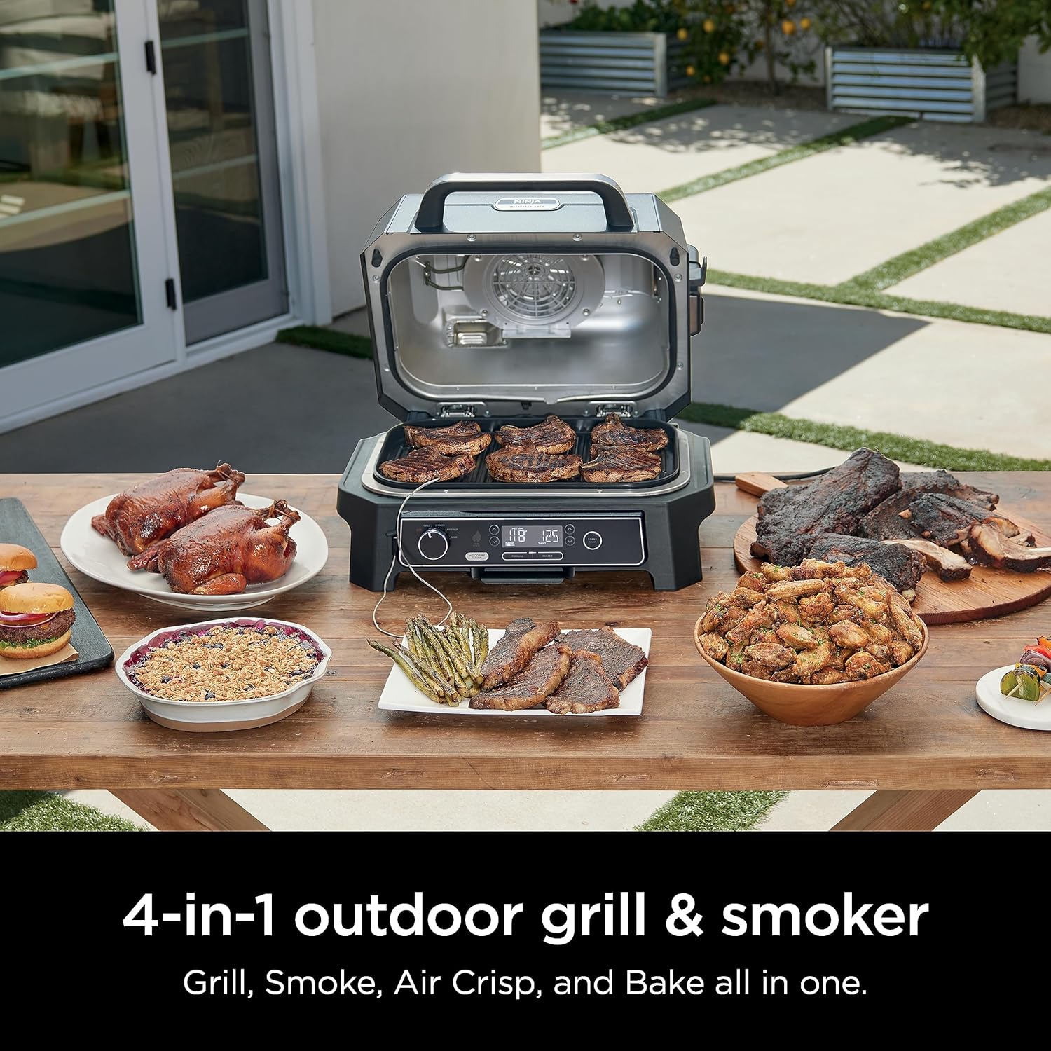 Ninja | Grill & Smoker | Outdoor Woodfire Pro XL | 4 in 1 Grill  BBQ Smoker  Air Fryer & Bake | Portable | Includes Built in Thermometer & 2 Woodfire Pellet Packs | Dark Grey | OG850