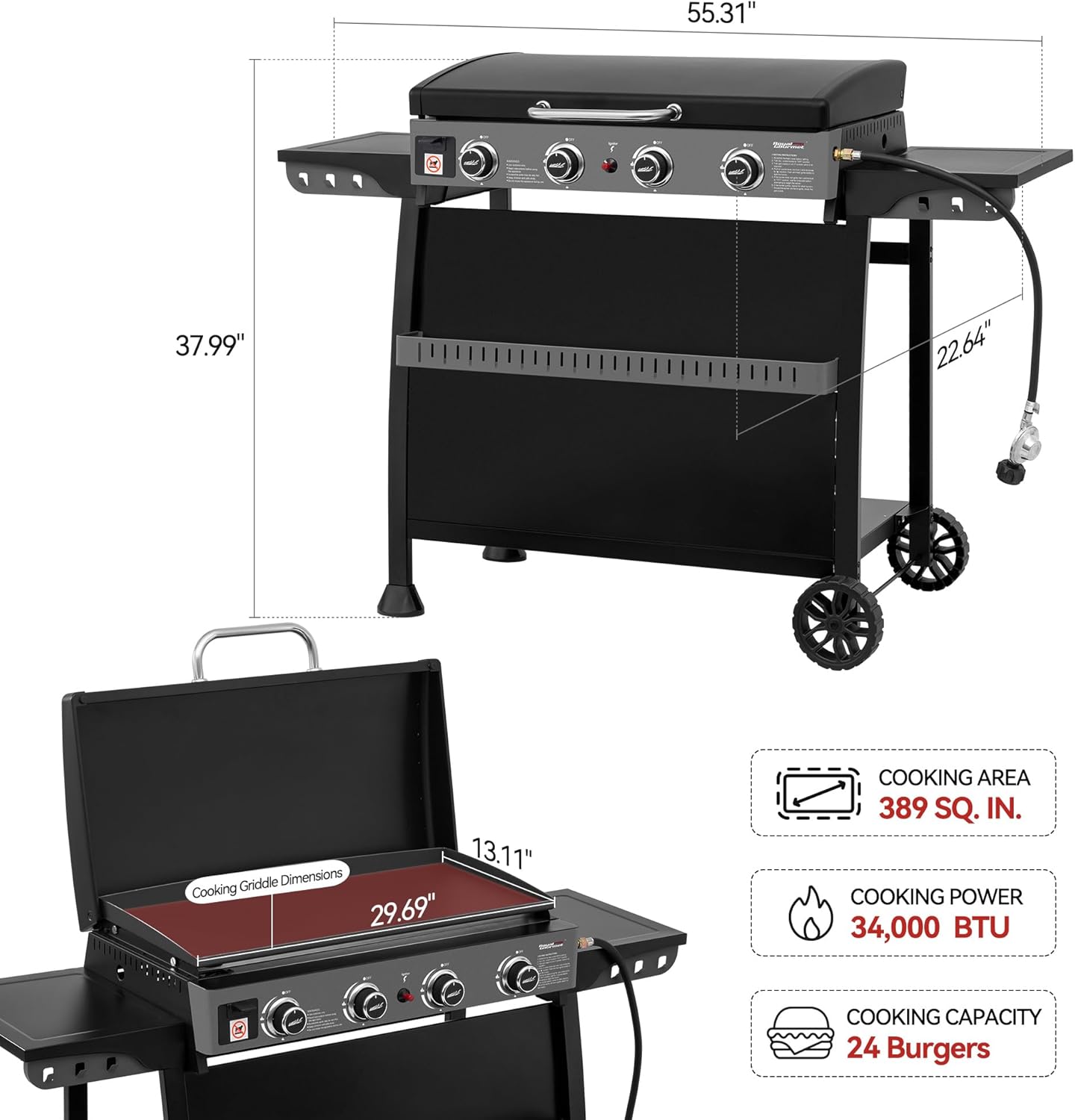 Royal Gourmet PD4001 4 Burner Propane Gas Griddle with Removable Standing Cart  Convertible to Tabletop Design  Flat Top Grill with Hood for Camping  Tailgating  Backyard  Black