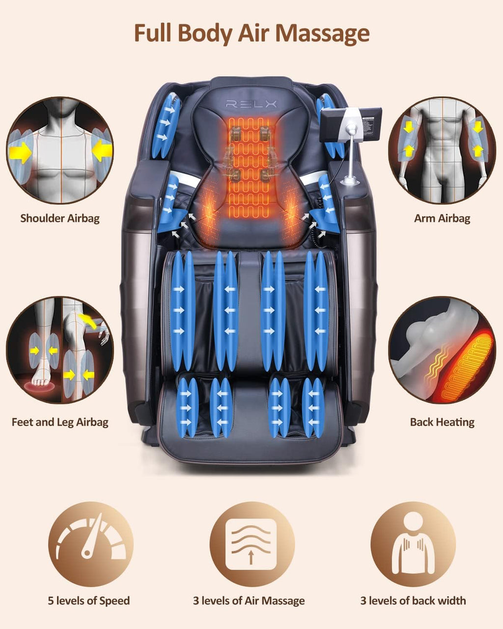 RELX Massage Chair Full Body  15 Modes Zero Gravity SL-Track Shiatsu Massage Chair Built-in Heat System  Airbag Massage with Body Scan  Deep Yoga Stretch  Calfrest Extension and AI Control(Brown)