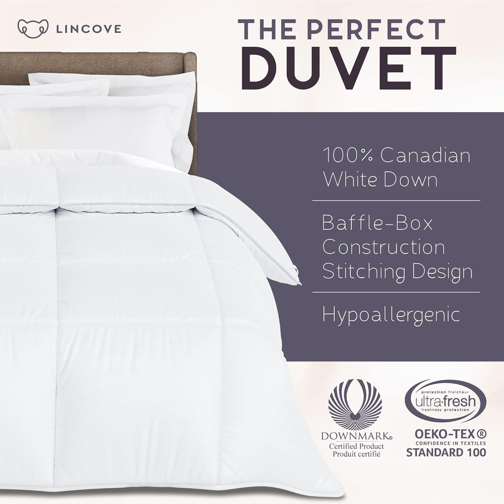 Lincove Canadian Down Comforter – Extremely Soft and Lightweight Duvet Insert – Corner Loops in Each Corner, 600 Thread Count - 100% Cotton Sateen Shell, Queen