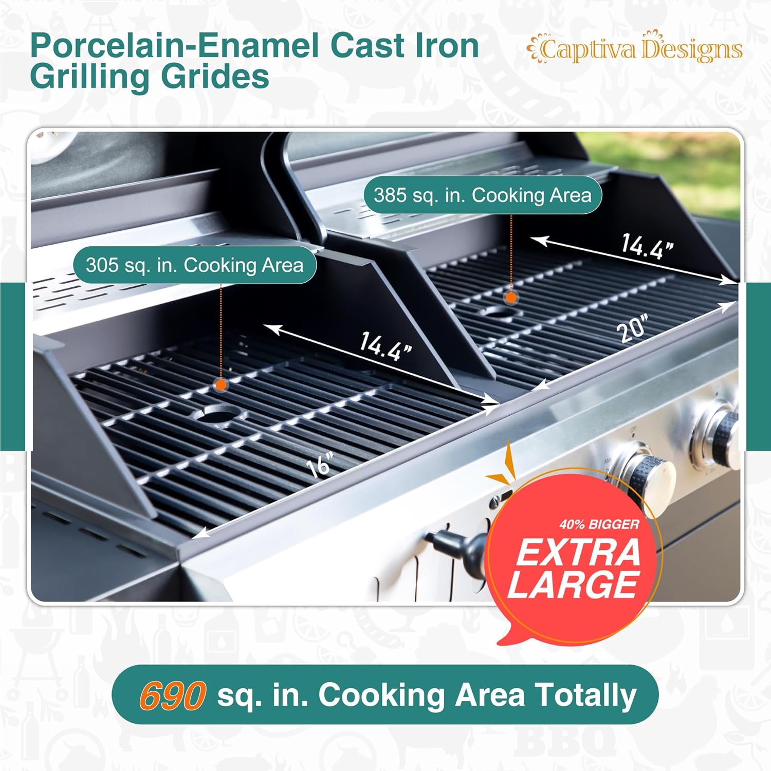 Captiva Designs Propane Gas Grill and Charcoal Grill Combo with Side Burner & Porcelain-Enameled Cast Iron Grate  Dual Fuel BBQ Grill for Outdoor Events & Backyard Barbecue  690 SQIN Cooking Area