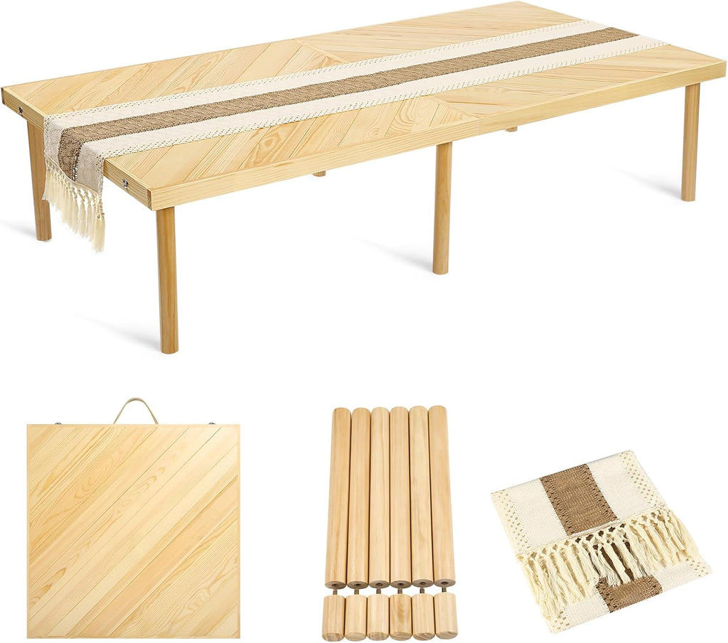 Folding Picnic Table with Table Runner  Portable Boho Low Picnic Table for Indoor Outdoor  60" x 30" Wooden Table with Adjustable Heights for Camping  Wedding  Beach  Garden  Party(Large Size for 6)