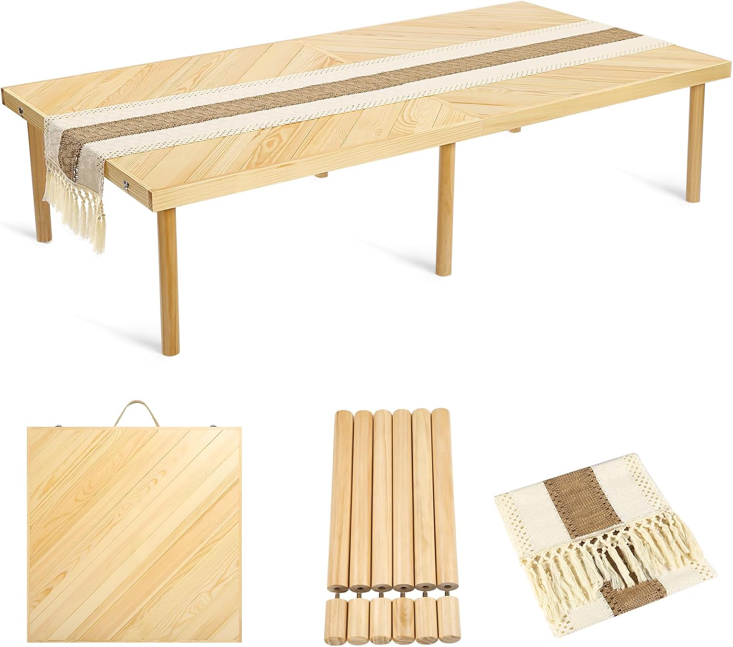 Folding Picnic Table with Table Runner  Portable Boho Low Picnic Table for Indoor Outdoor  60" x 30" Wooden Table with Adjustable Heights for Camping  Wedding  Beach  Garden  Party(Large Size for 6)
