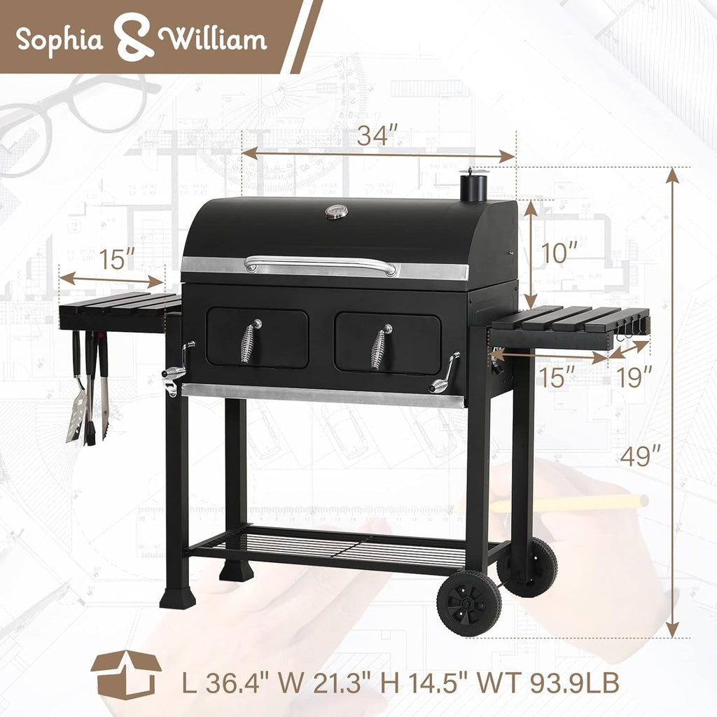 Sophia & William Extra Large Charcoal BBQ Grills with 794 SQ.IN. Cooking Area  Heavy Duty Outdoor Barbecue Grill with 2 Individual Lifting Charcoal Tray and 2 Foldable Side Table  Black