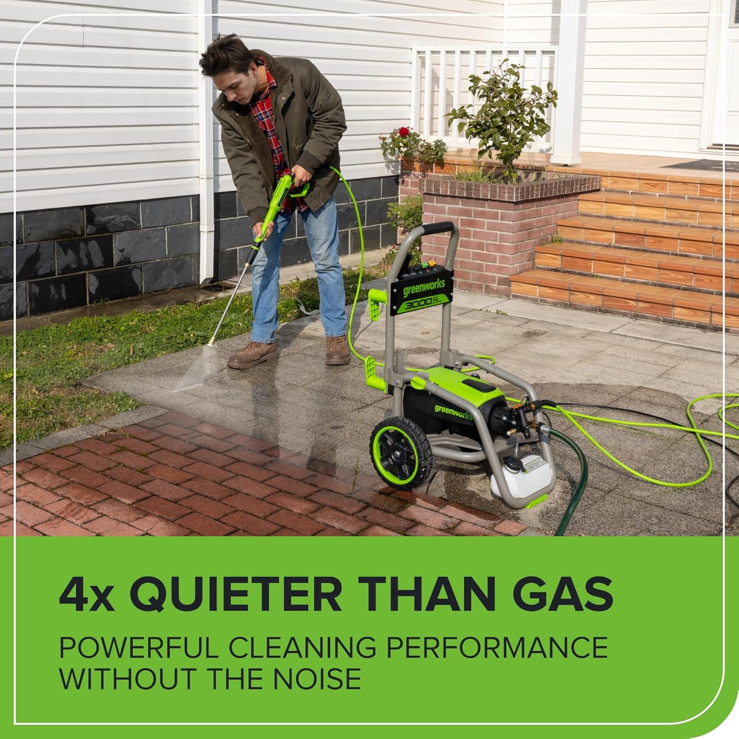 Greenworks Pro Brushless 3000 PSI (CSA Certified) 2.0 GPM Max / 1.1 GPM Electric Pressure Washer (Foldable Handles  Rugged Steel Frame  25 FT Hose  35 FT GFCI Power Cord)