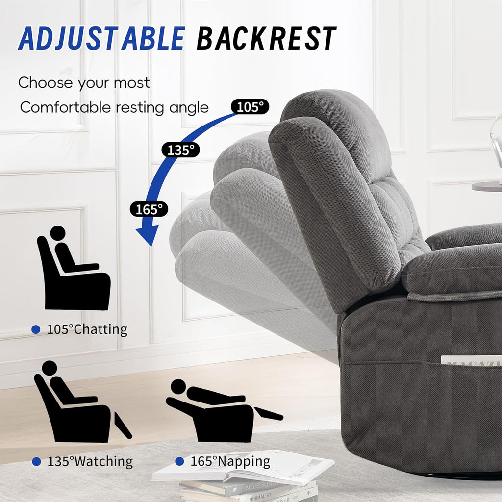 Swivel Recliner Chair for Adults with Massage and Heating,Manual Glider Rocking Recliner Chair with Cup Holds and Pockets,Reclining Rocker Chairs for Living Room Bedroom R8811 (Darkgrey)
