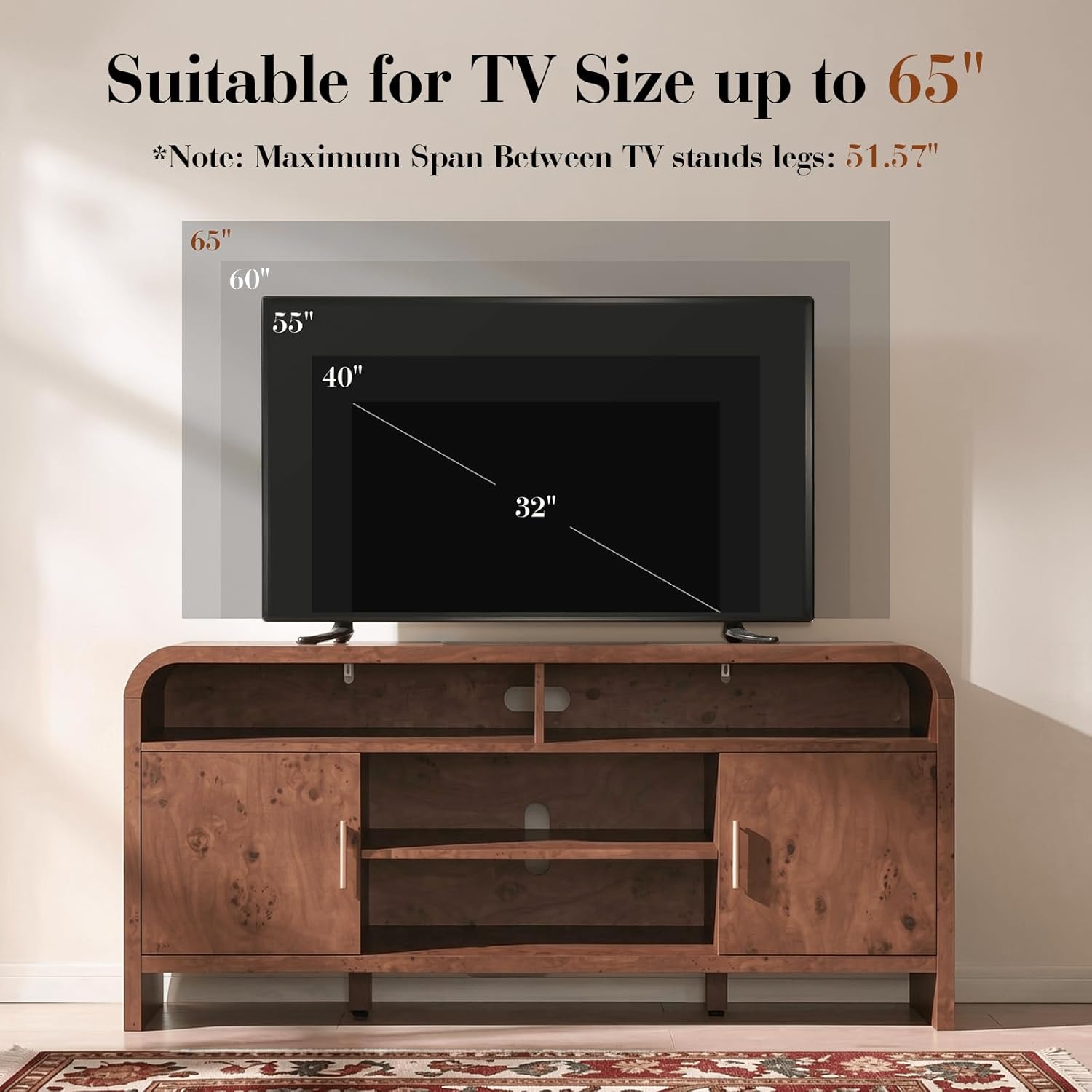TV Stand for TVs Up to 65'' - Unique Curved Profile, FSC-Certified Wooden Board Entertainment Center with Adjustable Shelves and Storage Cabinet Modern Media Console for Living Room